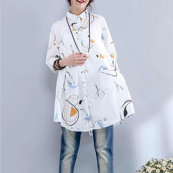 Buykud Tops - BUYKUD White Cotton Tunic Button Down Top Abstract Artsy Print Flowy Fit Medium